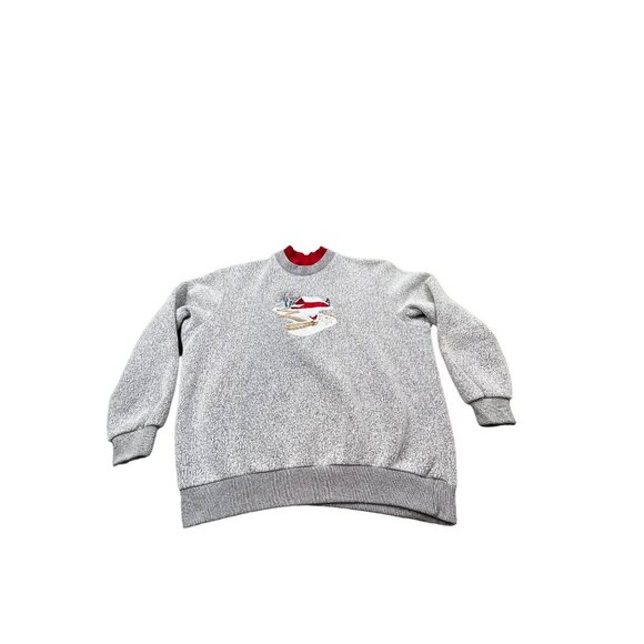 Bon Worth Womens Large Gray Red Sweatshirt Christmas Sweater Barn Snow Bird Tree - Picture 1 of 7